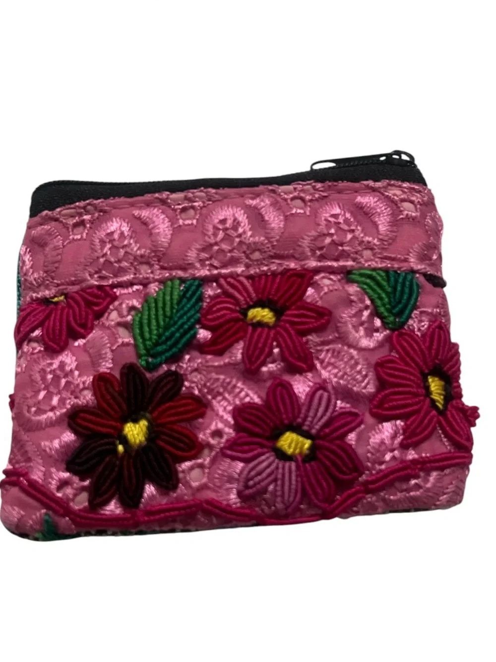 Embroidered Pink Floral Cosmetic Coin Pouch